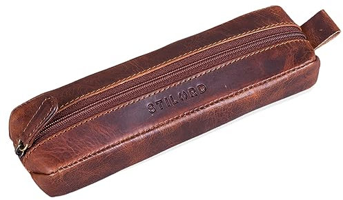 STILORD 'Quinn' Leder Federmäppchen rund Vintage Lederetui Stifte Rolle rundes Federmappe groß Stiftemappe Damen Herren Faulenzer Echtleder, Farbe:Kara - Cognac