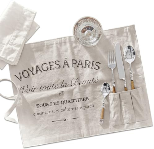 Loberon Platzset 2er Set Voyage, Creme | mit französischem Vintage-Print, aufgenähte Compartiments für Besteck, Tischdeko, Tischset, Tischwäsche, Baumwolle