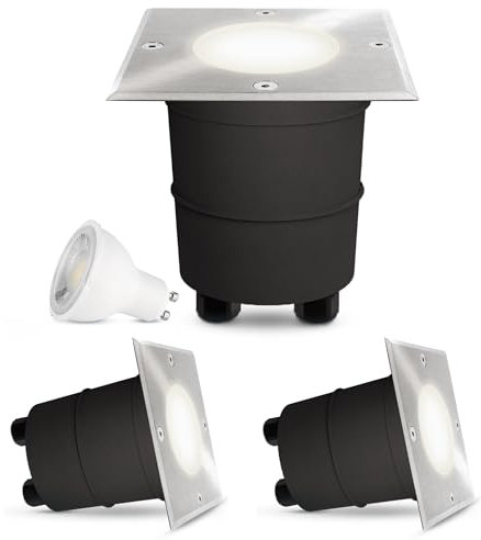 SSC-LUXon 3er Set MADON Bodeneinbaustrahler dimmbar LED IP67 - trittfest & befahrbar Bodenstrahler eckig mit 5W LED GU10 neutralweiß 230V