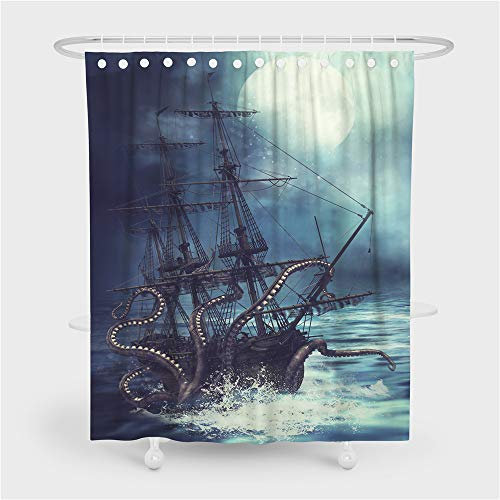 Chickwin Chickw1 Duschvorhang Wasserdicht Anti-Schimmel 3D Krake Kraken Drucken Polyester Bad Vorhang mit 12 Duschvorhangringe für Badezimmer Decor (150x180cm,Seemonster)
