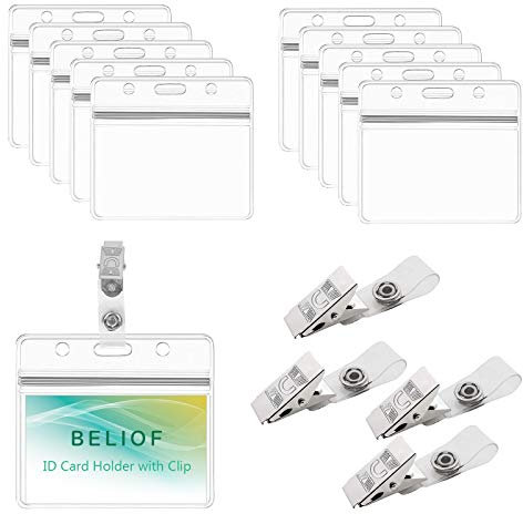 BELIOF 50 Stück Ausweishülle mit Clip Namensschilder Transparent Kunststoff Kartenhalter Ausweis Wasserdichte Ausweishalter mit 50 Pcs Metall Badge Clips für Ausweis ID Karte Abzeichenhalter