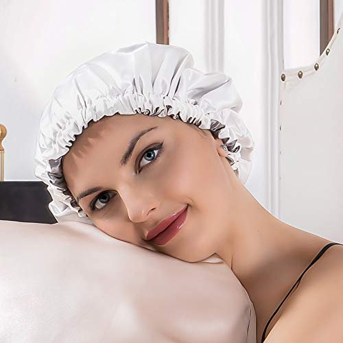 THXSILK Seide Schlafmütze mit Hyaluronic Acid Atmungsaktive Seiden Nachtmütze Elastisch Schlafhaube Hut Nacht Schlaf Kopfbedeckung für Haarpflege (Weiß & Grau, M (für kurzes/mittleres Haar))