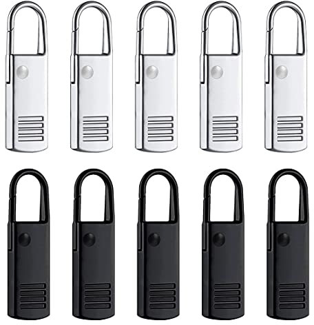 Androxeda 10 Ersatz-Reißverschlusslaschen, Metallreißverschlusskopf, Reißverschlussschieber-Verlängerungsgriff Reparaturfixierer, geeignet für Koffer, Gepäck, Rucksack, Geldbörse, (schwarz, Silber)