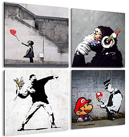 Giallobus - 4 cuadrados de paneles múltiples - Banksy - Las obras más bellas de Banksy - Colección 6 - Madera de MDF - 29,7x29,7 - x 4 piezas