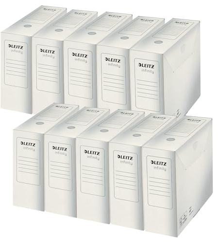Leitz Infinity arkivbox, 20 stycken, 100 mm ryggbredd, A4-vikbar kartong med flik, förvaringslådor förvaring för upp till 900 ark, förvaringslåda av 100% syrafri kartong, vit, Infinity arkivserien,