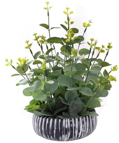 Artificial Plants Potted Real Looking Small Faux Plant with Rustic Black Cement Planter for Kitchen Office Desk Bookshelf Decor (Eucalyptus Plant) | lifelike faux eucalyptus plant great decor for kitchen, office, desk and bookshelf indoor spaces.