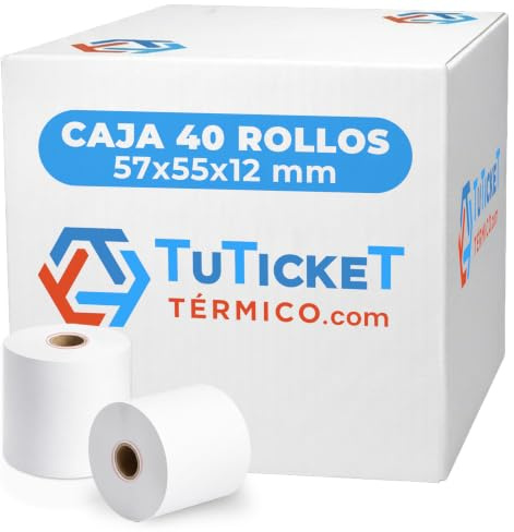 TuTickeT TÉRMICO.com - Rollo de Papel Térmico 57x55x12 mm (40 uds) para Caja Registradora, TPV e Impresora Térmica de Ticket con Salida de 57mm de Ancho. Sin Bisphenol A