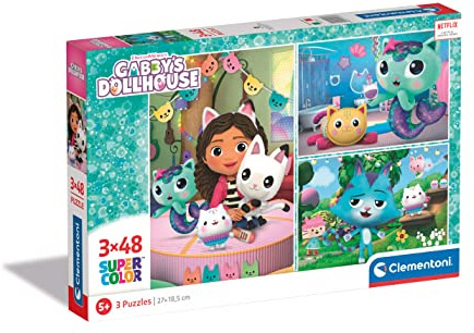 Clementoni DreamWorks Gabby's Dollhouse - 3 Puzzle mit 48 Teilen für Kinder ab 5 Jahren, Buntes Kinderpuzzle mit besonderer Leuchtkraft, 25289 von Clementoni