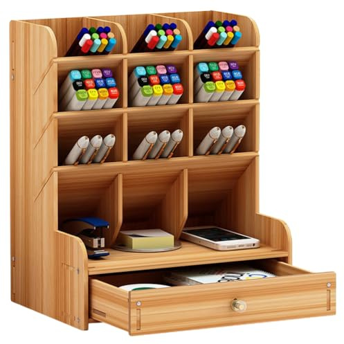 Operitacx Holz Stiftehalter Aufbewahrungsbox Groß Mit Mehrfach Geteilter Fächer Und Schublade Büro Desktop Organizer Für Stifte Und Büromaterial