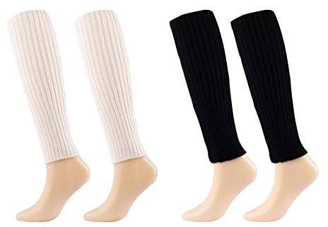SHTGOI 2 Paar Damen Beinwärmer Stulpen 42 cm Warme Neon Beinstulpen Stricksocken Winter Elastische Leg Warmers Rippstrick Wintersocken Gestreift Legwarmers für Balletttanz Yoga Weiß+Schwarz