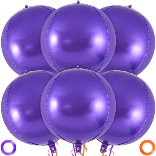 Metallic Purple Balloons, 22 Inch Large Sphere Round Balloons, 6 Pcs Purple Foil Mylar Balloons for Birthday Birthday Anniversary Purple Party Decorations Supplies
