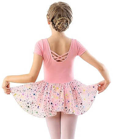 DANSHOW Kinder Ballettkleidung Mädchen Tanzkleider Mädchen Kurzarm Balletttrikot Ballettanzug Tanzkleid mit Chiffonrock(40401-08Q-L)