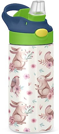 KAAVIYO Pink Bunny Rabbit Water Bottle Stainless Steel Insulated Vacuum Flask Leak Proof with Straw Brush Cup 350ML for Boys Girls Kids
