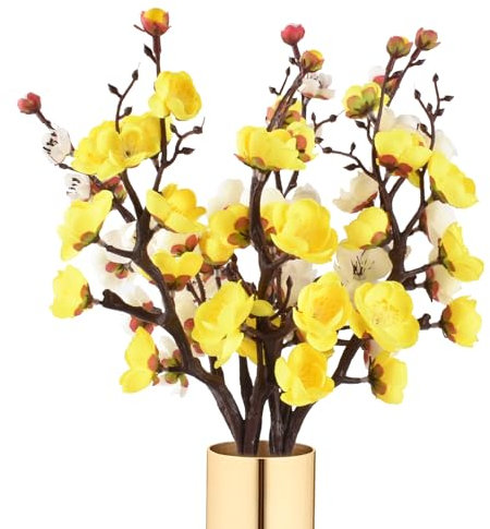 HAIOPS 6 ramas de flores artificiales de seda de ciruelo, 37,5 cm, blanco y amarillo, decoración del hogar