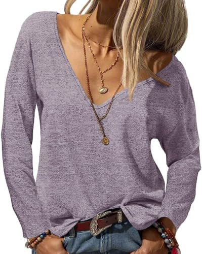 Fisoew Maglia da donna a maniche lunghe basic con scollo a V, a maniche lunghe, sexy