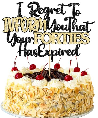 Ephlyn 1Pcs Happy 50th Birthday Cake Topper Black Gold Glitter I Regret to Inform You That Your Forties Has Expired Cake Pick Cheers to 50 Years Cake Decorations for Funny 50th Birthday Party Supplies