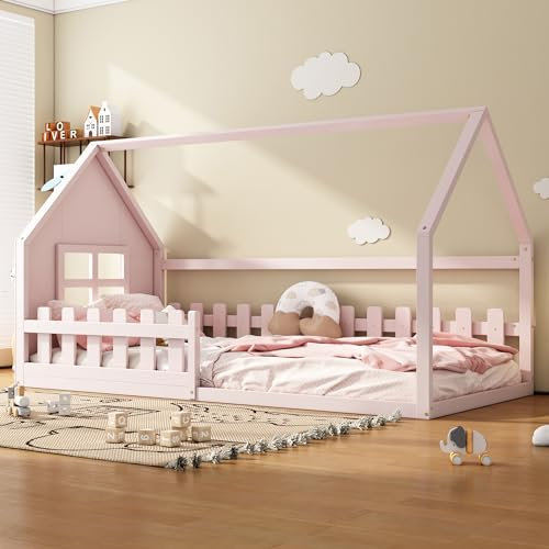 Kayan Kinderbett Hausbett 90x200cm Rausfallschutz Bett, Holzbett mit Fenstern und Zäunen, Rausfallschutz und Lattenrost, Bett für Kinder (Rosa)