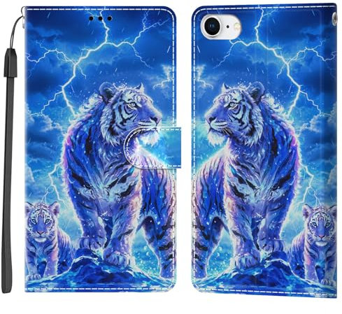 Xkladz Hülle für iPhone 7/8 / iPhone SE 2022 / SE 2020 Silikon Case Flip Cover mit Muster Motiv Klapphülle Klappbar Handyhülle PU Leder Schutzhülle Stoßfeste Handytasche Lederhülle, Blau Tiger