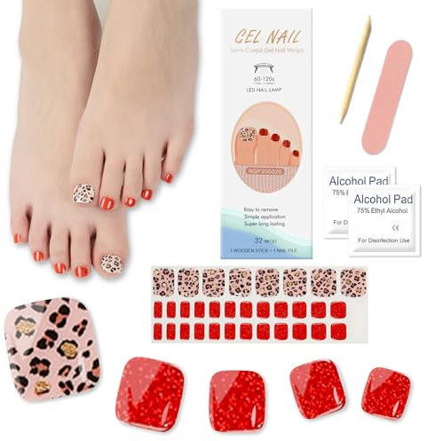 Ceboic 32 Stück UV Gel Nagelfolie für Fußnägel, Selbstklebend Zehennagelaufkleber Halb Ausgehärtete Fußnagel Nagelsticker, Pediküre Wraps für Damen Mädchen Nagelkunst - Roter Leopardenmuster