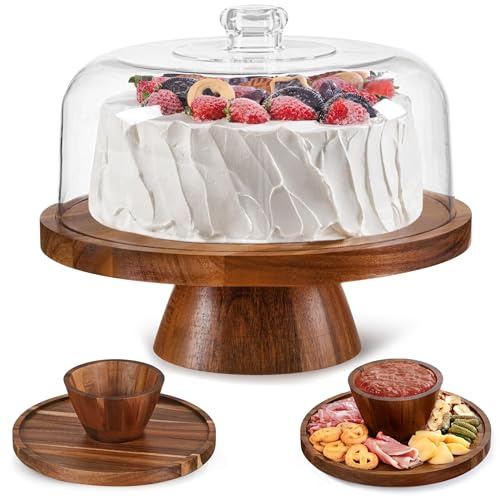 Farmyards Tortenständer aus Akazienholz mit Acrylkuppeldeckel, 30,5 cm Akazienholz, 2-in-1-Fuß, runder Kuchenhalter, Kuchenteller-Display mit Abdeckung für Backgeschenke, großes