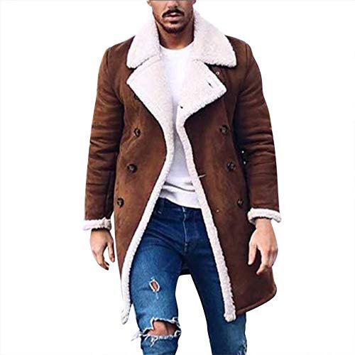 Herren-Mäntel und Jacken aus Schaffell – Herren-Mäntel + Kunstleder + gefüttert + Leder + Mantel | Doppelreihiger Wintermantel | warmer mittellanger Mantel | Wildleder-Optik Mantel Fleece Sherpa
