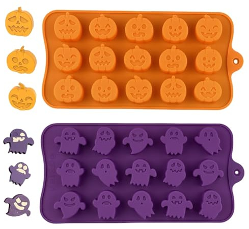 YNR Halloween Silikonform Set, 2 Stück 15 Mulden Kürbis und Geist Silikonformen für Schokolade, Süßigkeiten, Gelee, Backen, 30 Mulden insgesamt