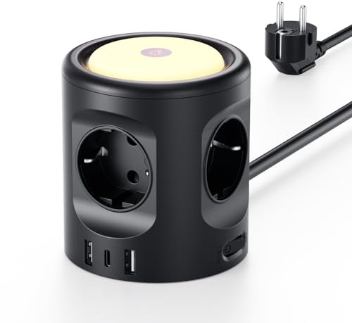 Ciabatta Multipresa con luce, ciabatta a 4 scomparti con 3 USB, presa di corrente con interruttore, presa multipla a cubo 3 modalità di illuminazione 16A, 2 M, per casa, ufficio F(Schuko)