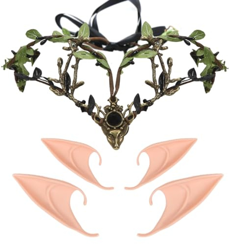 Elfen Kopfschmuck mit 2 Paar Elfenohren, Waldfee Haarreif, Elfenkrone Schmuck, Feen Krone, Feenblätter Krone Stirnband, Haarschmuck Waldfee, Tiara Elfe für Hochzeit Karneval Halloween Cosplay