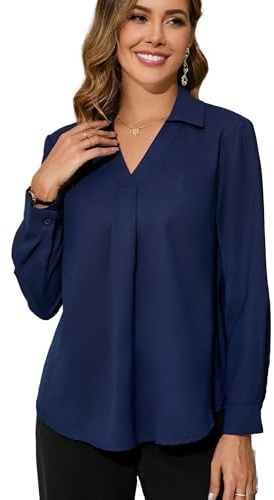 Dosieyeo Damblus, elegant V-ringad tunika med krage, långärmad flödande slip-blus, ledig, lättskött, skjortblus, Marinblå, XL