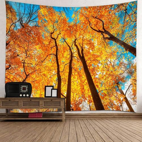 Mesnt Wandteppich Klein Natur, 150x130cm Herbstlaub Landschaft Wandbehang Wandteppich für Meditation Schlafzimmer Wohnzimmer Schlafsaal | Orange Blau
