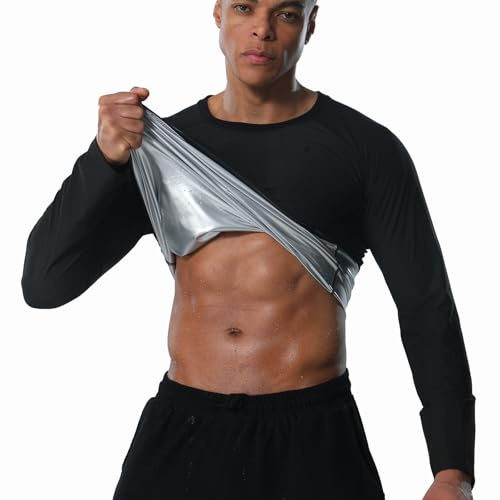 Donason Sauna Shirt for Men Long Sleeve Sweat Suit Workout Body Shaper Weight Loss Slimming Waist Trainer, Mens Heat Trapping Fitness Gym Compression T Shirts