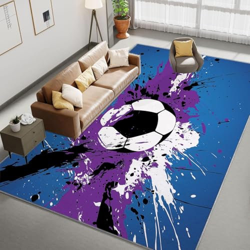 Generico Tappeto 160 x 230cm Sport Calcio Tappeto Salotto - Tappeto Lavabile per Soggiorno Tappeto a Pelo Corto Tappeto per Camera Tappeto Antiscivolo Tappeto per Sala da Pranzo Tappeto Blu