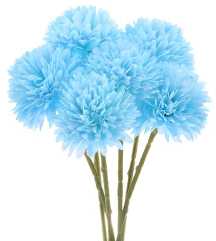 M METERXITY 6-Pack Flores de Bola de Crisantemo Artificial, 11 Ramo de Hortensias de Seda Falsa Tacto Real Flores Falsas para Hogar/Boda/Navidad/Fiesta/Jardín Oficina [Azul Claro]