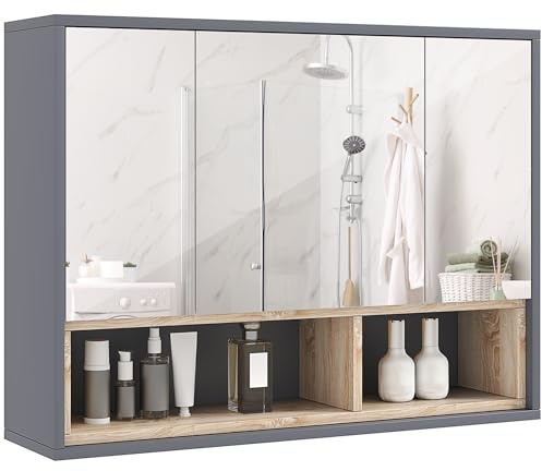 HOMCOM Bathroom Mirror Cabinet Bathroom Cabinet with Mirror 3 Doors Grey | Wall Mounted, Cupboards