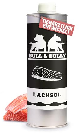 BULL & BULLY - Olio di salmone per cani 1 l – 100% olio di pesce naturale per cani come olio di salmone – ideale integratore olio per barf – Fonte per cani Omega 3 – spremuto a freddo in Germania
