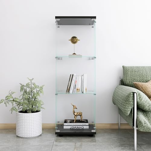 BursDany Glasvitrine mit LED, moderner Vitrinenschrank mit 3 Ablagen aus ESG-Glas, Sammlervitrine für Bar, Wohnzimmer, 125 x 42 x 36 cm, Schwarz