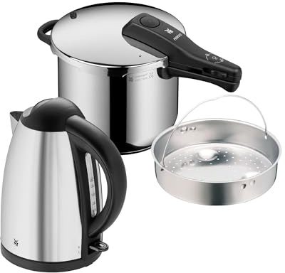 WMF Set 2-teilig Bueno Wasserkocher 1,7l, Kalkfilter, 2400 W, beleuchtete Wasserstandsanzeige und Perfect One Pot Schnellkochtopf Induktion 6,5l, mit Einsatz, 2 Kochstufen, Einhand-Kochstufenregler