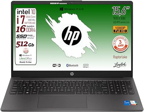 HP 250 G10, PC Portatile CPU Intel Core i7-1355U 13th 10Core, fino a 5 GHz, RAM 16Gb, SSD Pci 512Gb, Display 15.6 ips FHD, Wi-Fi 6, BT, WebCam, HDMI, Win 11, Pronto all'Uso, 3 Anni di garanzia