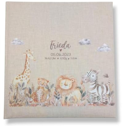 Tenii® Fotoalbum personalisiert Baby, Kind Safari Tiere Leinen, Erinnerungsalbum