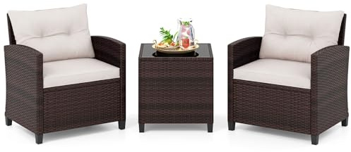 COSTWAY Rattan Gartenmöbel Set, 3-TLG. Balkonmöbel inkl. 2 Sessel, Kissen & Tisch mit gehärteter Glasplatte, Balkon Möbel klein, Wetterfeste Sitzgruppe 2 Personen, Terassenmöbel für Garten Balkon