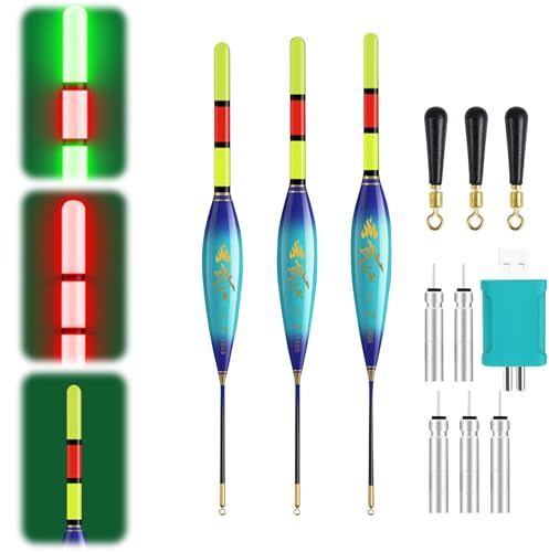 Xevinas 3 Stück Led Posen Angeln, 4g/5g/6g Bissanzeiger Angeln Mit Smart Farbwechselfunktion, Batterie Ladegerät Und 5 CR425, Angelposen Aus Nano, Angelzubehör Zum Angeln Am See,Fluss Oder Teich