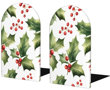 Cavizow Fermalibri decorativi natalizi con foglie di agrifoglio e bacche, per scaffali, libri pesanti, 2 pezzi, antiscivolo, in legno, per camera dei bambini, casa, ufficio, scuola, scrivania, cucina