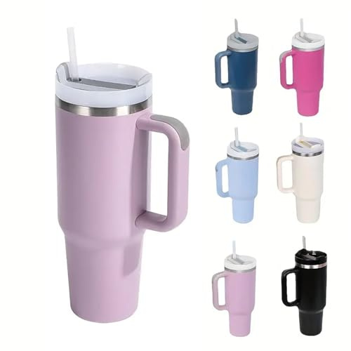 Travel Mug Coffee Cup 40oz Tumbler Straw Lid and Handle, Stainless Steel Insulated Water Bottle - Leakproof, Insulated Water Bottle with Handle and Straw Cup for Home, Office, Car, Travel (Purple)