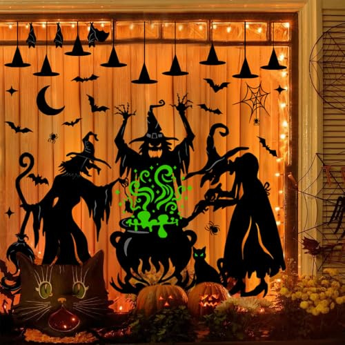 XIMISHOP 6 Stück Halloween Hexe Fensteraufkleber,Große Horror Selbstklebende Fenster Aufkleber Böse Hexe und Halloween Spinne Window Sticker Für Spiegeln