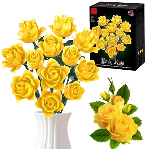 Yellow Rose Bouquet Building Blocks Kit for Adults, Flowers Botanical Collection Clamping Building Blocks Toy, Artificial Flowers for Home Office Decoration, Gift for Her Women Adults (585 Pieces)