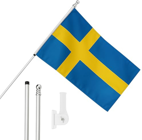 I LOVE FANCY DRESS Sweden Flag, Flagpole and Wall Mount - 5ft x 3ft Swedish Flag with Grommets, Extendable Pole and Mount - Sports Supporter National Pride Indoor Outdoor Decoration