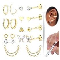 Adramata Helix Piercing Smycken Kirurgisk Stål Trådlös Push-in Örhängen med Platt Baksida Örhänge för Broskyla Öronlob Daith Tragus Piercings Hypoallergen Näs Labret Läpp Piercing Smycken, 16G, 18G