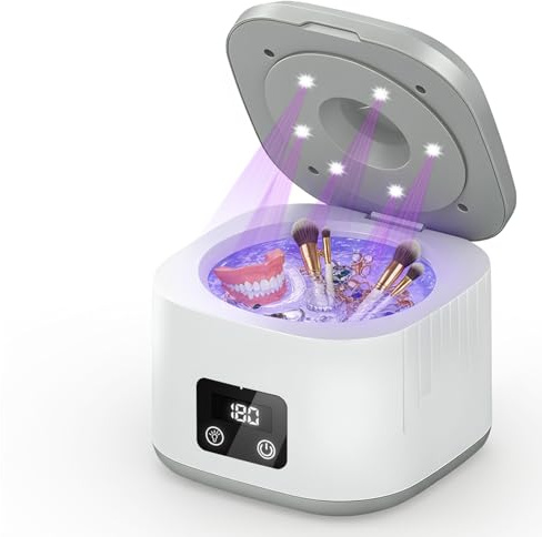 Pulitore Ultrasuoni 49000Hz, Pulitori Ultrasuoni, 6 Lampada UV Ultrasonic Cleaner, 340ml, 3 Modalità per Apparecchi Ortodontici, per Protesi, Allineatori, Testine Di Spazzolini, Gioielli, Bianco