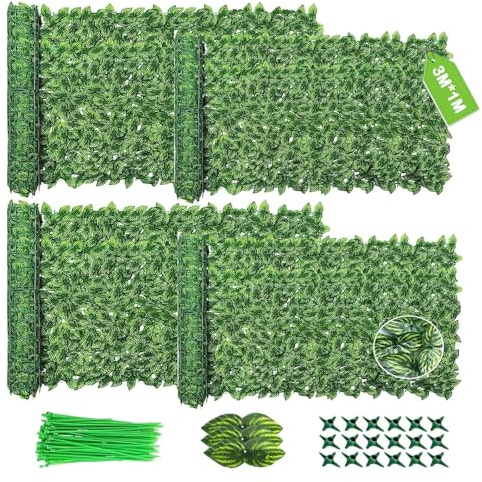 4PCS Artificial Ivy Fence Screening, 3M X 1M Garden Screening with 400pcs Zip Ties,Garden Screening Roll,Ivy Trellis Screening,Artificial Leaf Trellis,Foliage Wall Panel,UV Resistant