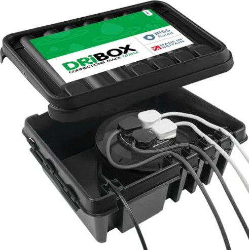 DRiBOX – Large Black IP55 Weatherproof Outdoor Electrical Connection Box 40 x 31 x 14.5cm – Power Cord Enclosure for Christmas Lights, Timers, Extension Cables, Leads, Reels, Transformers (1 Box)